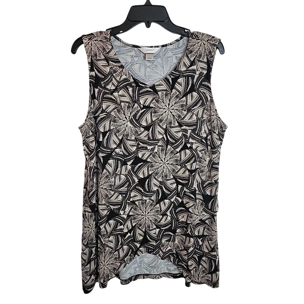 CJ Banks Black Geometric V-Neck Criss Cross Hem Sleeveless Top Size X (14W)‎